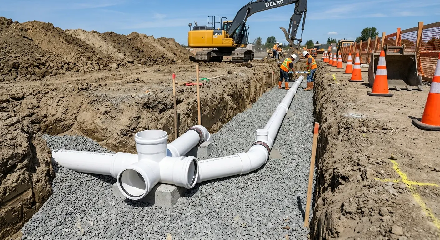 New PVC sewer pipe installation in open trench for Sewer Backup in Pittsburg