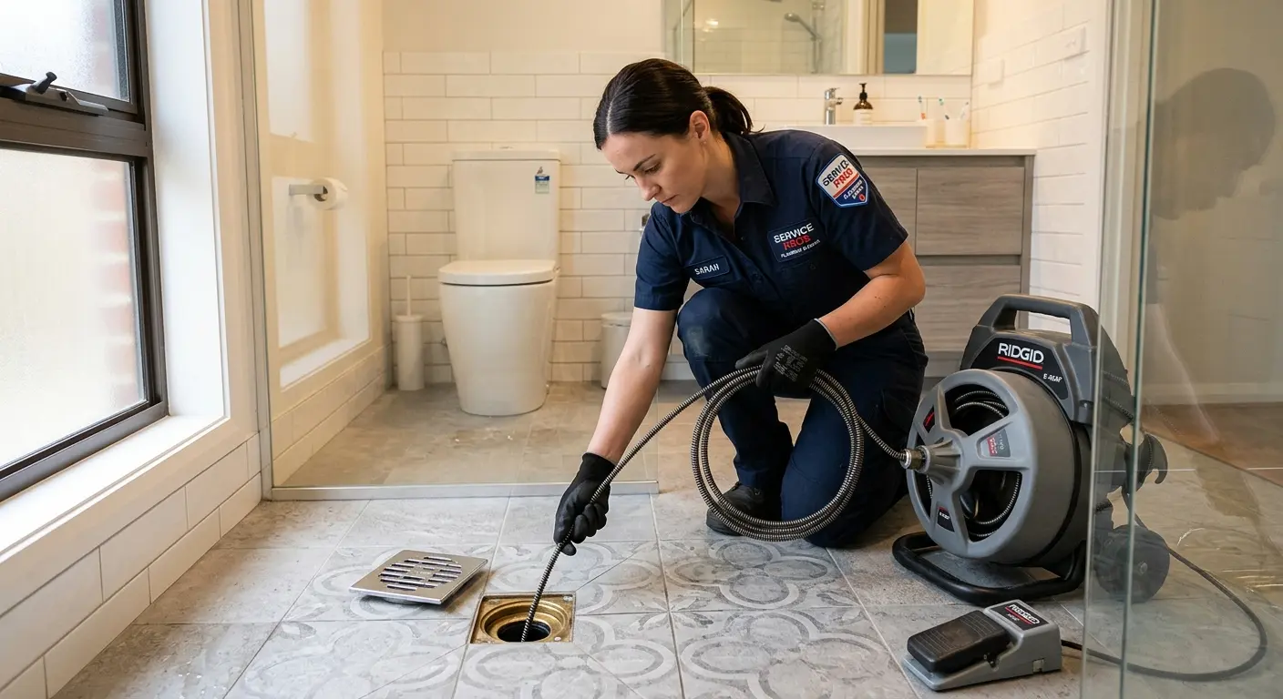 Technician clearing a bathroom floor drain for Drain Cleaning in Pittsburg